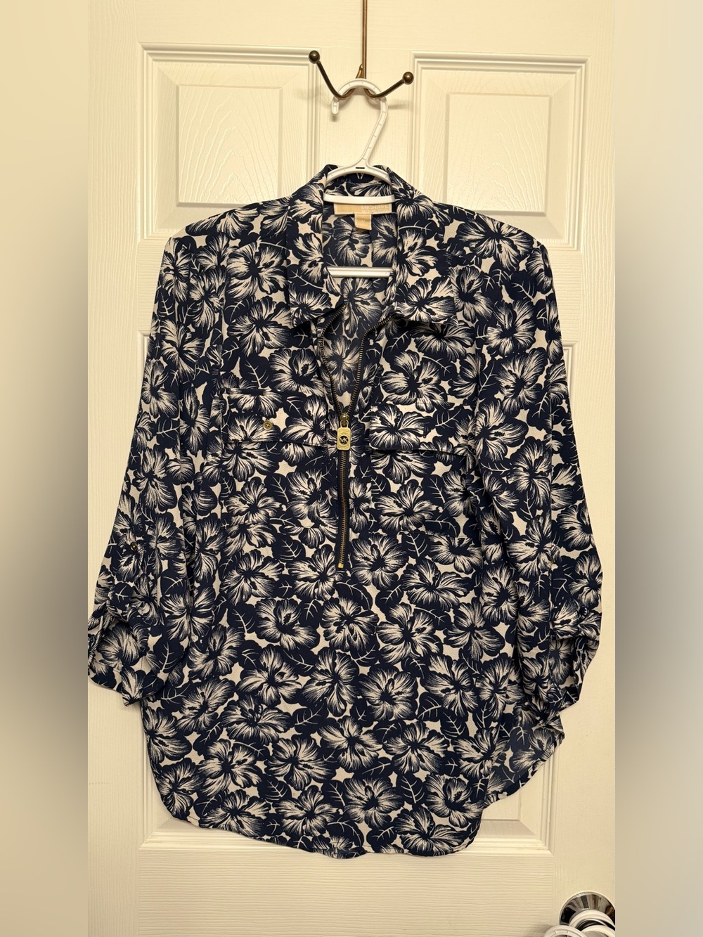 Michael Kors Navy and White Floral Zip-Front Shirt